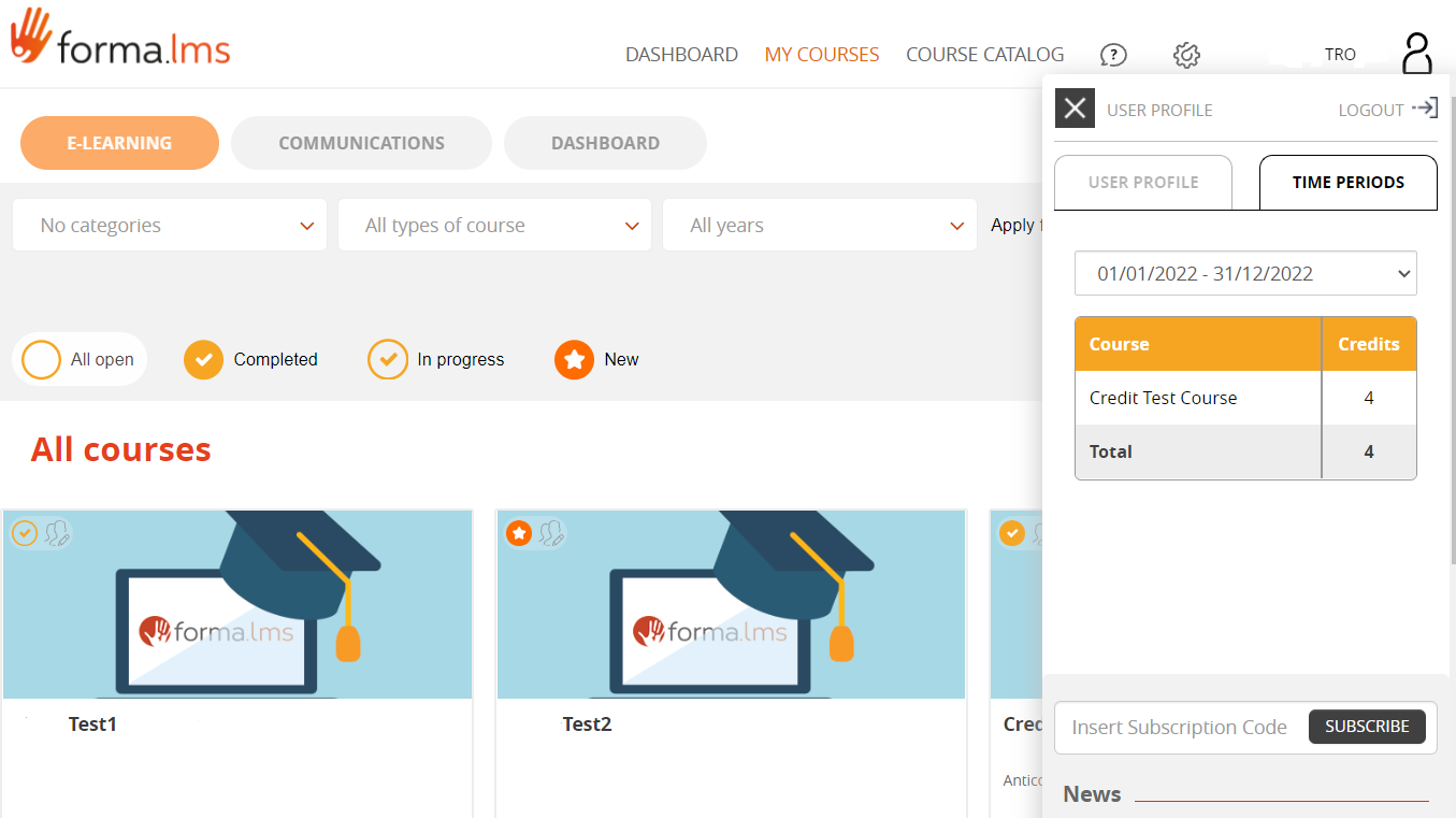 Course time period User credit